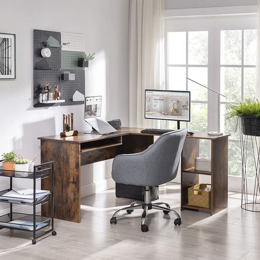 _Corner, L-Shaped Computer Table, with 2 Tier Storage Shelf, Keyboard Stand, for Desk, 140 x 120 x 75 cm, Rustic Brown