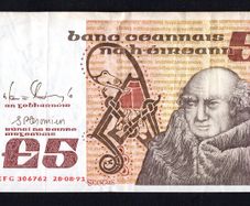 1991 Ireland IR5 Johannes Scotus Erigena Banknote Series B. Note issued 28/08/91. Serial number EFG306762
