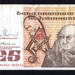 1991 Ireland IR5 Johannes Scotus Erigena Banknote Series B. Note issued 28/08/91. Serial number EFG306762