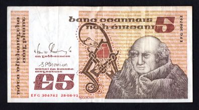 1991 Ireland IR5 Johannes Scotus Erigena Banknote Series B. Note issued 28/08/91. Serial number EFG306762