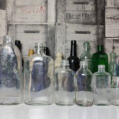 303 - Set of 9 Vintage Decorative Collectible Clear Glass Big Small Size Bottles