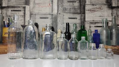 303 - Set of 9 Vintage Decorative Collectible Clear Glass Big Small Size Bottles