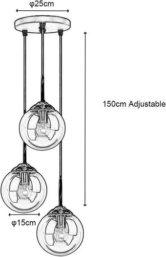 Industrial Vintage 3 Way Pendant Light Cluster Glass Globe Chandelier Brass Metal Ceiling Hanging Lamp Kitchen Dining Room Indoor Lighting Fixture (Amber Ball)