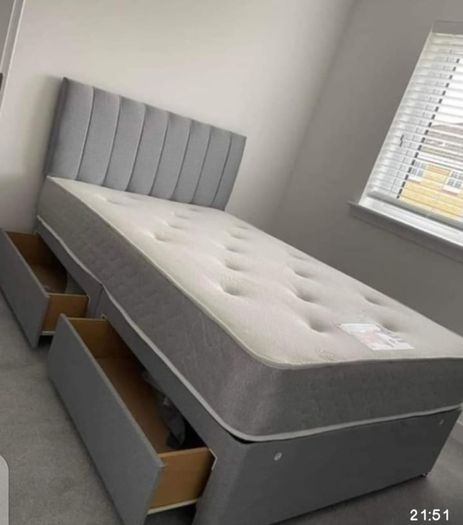 Brand New Stylish single Divan Beds.. Multiple Options Of Headboards. Tufted Memory Foam Mattresses Available. Drawers Storage Available