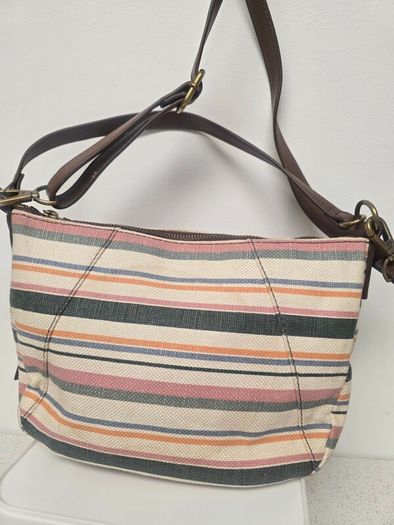 Fossil Striped Canvas & Leather Hobo Bag + Matching Zip Wallet Set