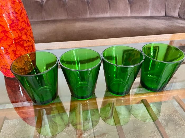 Set 4 Vintage Vereco France Small Forest Green Juice Glasses Tumblers MCM