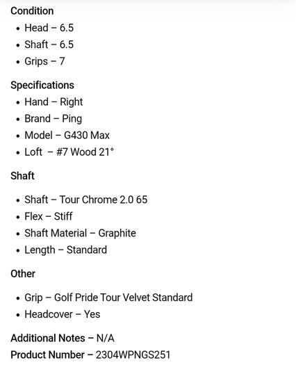 Ping G430 Max #7 Wood 21 Degree / Ping Tour Chrome 2.0 65 Stiff