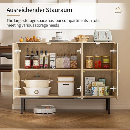 Sideboard Storage Cabinet, Kitchen Cupboard Storage with 3 Doors, Rattan Buffet Cabinet for Living Room, Dining Room, Kitchen, Hallway