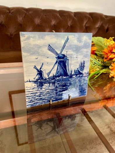 Vintage Handpainted Delft Blue Tile with Windmill and Boats Cottage Farmhouse Decor