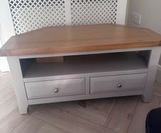 Grey TV Unit / Corner Media Cabinet with Solid Wood Top & 2 Drawers