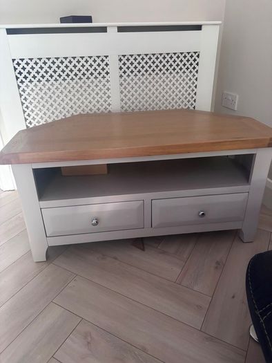 Grey TV Unit / Corner Media Cabinet with Solid Wood Top & 2 Drawers