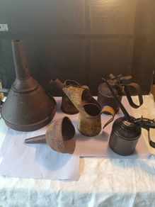 6 X Vintage Car cans and funnels