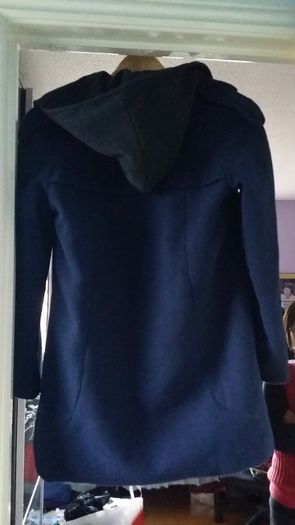 Blue jacket with detachable grey hood