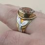 Vintage Etched Carnelian Agate Ring Brass & Silver Inlay, Flower Design Image 10