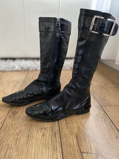 KAREN MILLEN Black Patent Leather Buckle Trim Calf-Length Flat Boots UK 4.5 / EU 37