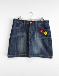 Pre Owned SASHA Vintage Y2K Denim Mini Skirt with Floral Embroidery