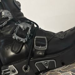 New Rock 373-S4 Metallic Black Leather Gothic Mid Calf Punk Goth Boots with Lace up and Buckle Fastening