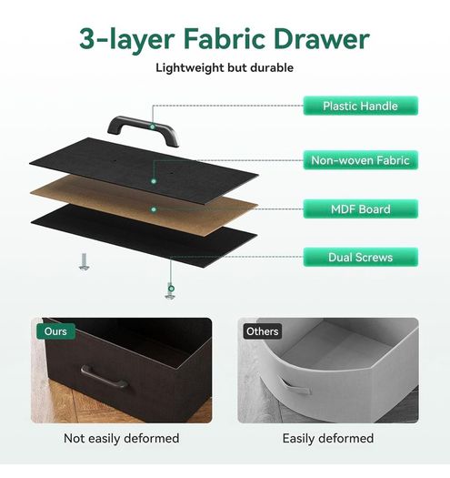 Black Chest of Drawers Bedroom, 8 Large Fabric Drawers, 110x30x88