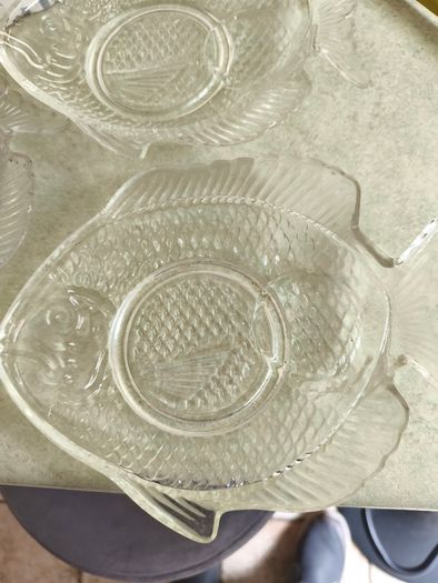 Vintage set of 3 fish shape glass serving plates, Fish plate, Nautical decor.