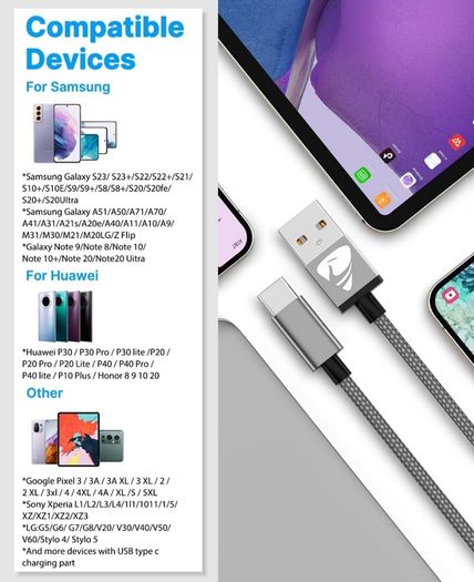 USB C Charger Cable 0.5M 2Pack Type C Charger Fast Charging 3A Lead Nylon Braided for Samsung Galaxy S21 S20 S10 S9 S8 A12 A20e A21s A40 A51,Huawei P30 P20 P40,Google Pixel,Xiaomi,Sony Xperia,Switch