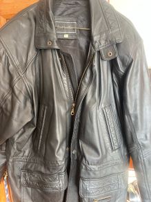 Vintage Men's black leather car coat/utility jacket.