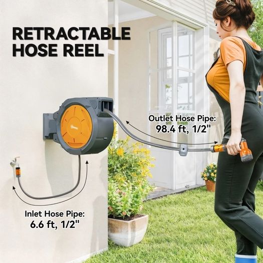 Retractable Hose Reel Wall Mounted, 30-2m Garden Hose Pipe Reel with Lock, Auto Rewind, 7 in 1 Spray Nozzle, Includes Wall Fixings, 180 Swivel, Outdoor Watering, 59 x 23 x 42 cm, Orange