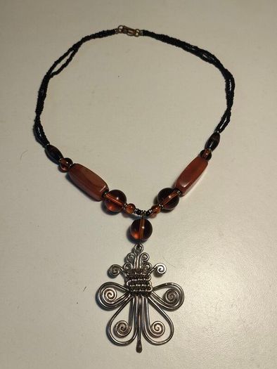 Mid Century Sterling Silver,Amber,Agate and Spinel Necklace