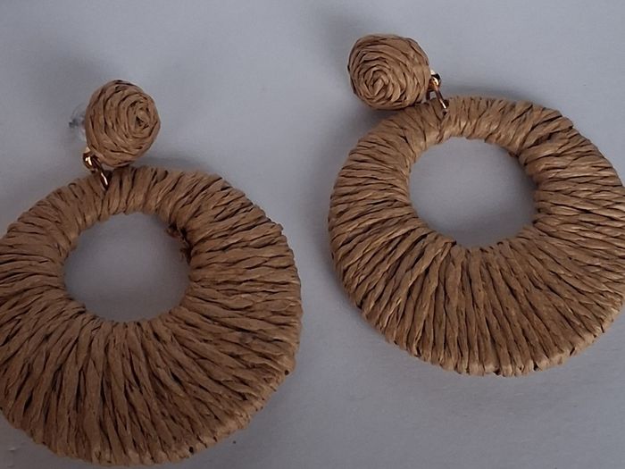 Coffee Beige Raffia Woven Stud Hollow Out Woven Hoop Earrings