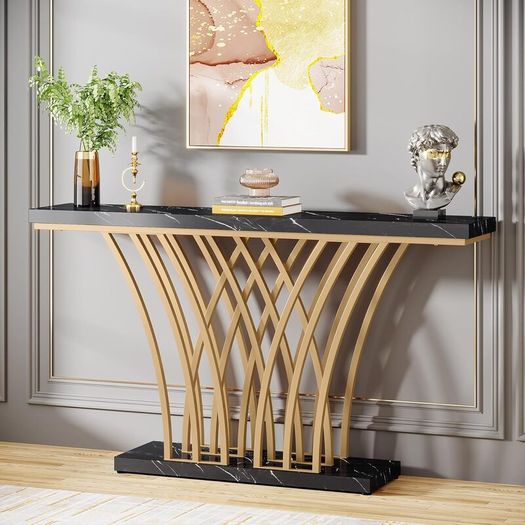 Gold Console Table, 150 x 29.5 x 80 with Lattice Metal Base for Entrance,