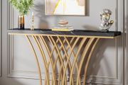 Gold Console Table, 150 x 29.5 x 80 with Lattice Metal Base for Entrance,