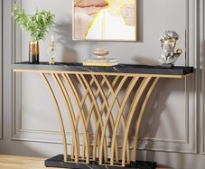 Gold Console Table, 150 x 29.5 x 80 with Lattice Metal Base for Entrance,