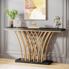 Gold Console Table, 150 x 29.5 x 80 with Lattice Metal Base for Entrance,