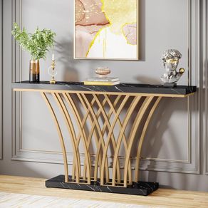 Gold Console Table, 150 x 29.5 x 80 with Lattice Metal Base for Entrance,