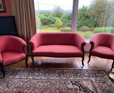 Victorian mahogany 3 piece suite newly upholstered. Porcelain castors. Perfect condition.