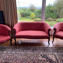 Victorian mahogany 3 piece suite newly upholstered. Porcelain castors. Perfect condition.
