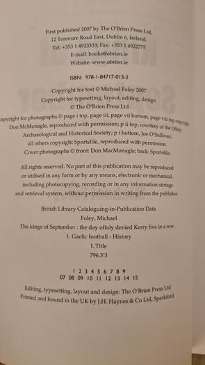 Kings Of September. The Day Offaly Denied Kerry 5 In A Row. By Michael Foley. FIRST EDITION. Paperback In Good Condition.