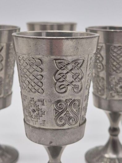 Set of 6 Vintage Mullingar Pewter Celtic Goblets