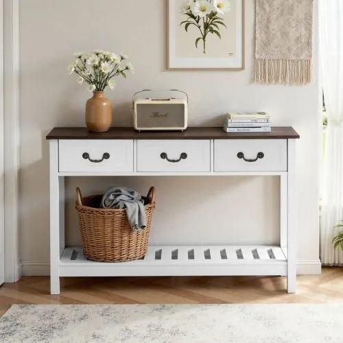 120 cm Console Table, Farmhouse Desk Behind the Couch with Drawers and Bottom Storage Shelf, Wooden Rectangle Entrance Narrow Sofa Table for Hallway, Bedroom, Living Room, Foyer, Brown + White