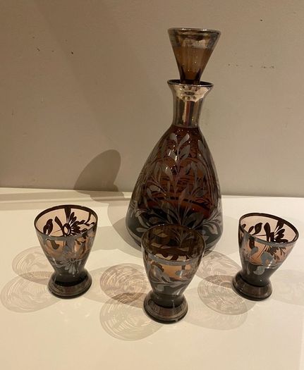 Amethyst Silver Decorated Decanter VINTAGE    With Three Matching Glasses