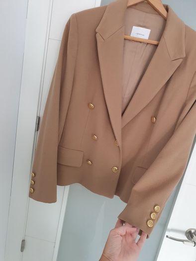 VINTAGE CRISTAL camel crop blazer with gold buttons Sz 14