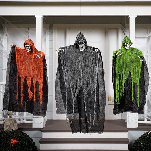 Halloween Hanging Grim Reapers 3 Pack One 47inch and Two 35inch Halloween Grim Reapers, Halloween Skeleton Flying Ghost for Haunted House Prop decor, Halloween Outdoor Indoor Decor