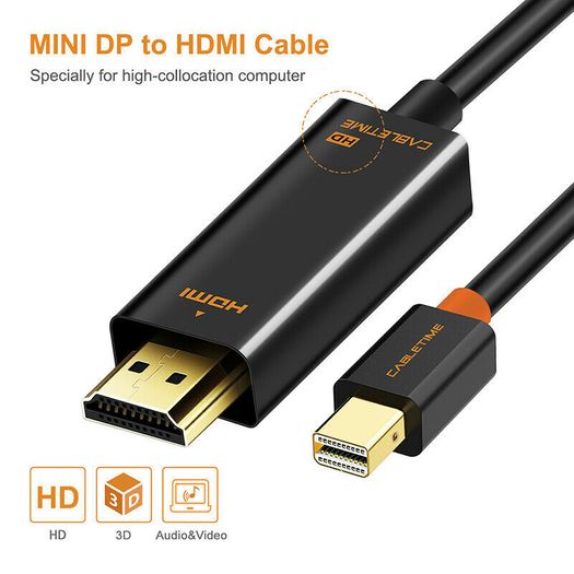 Cabletime 2M Mini DisplayPort (Thunderbolt) to HDMI 1080P Male (Video-Audio) TV (Gold-Plated) Cable (Black) (Brand New/Warranty)