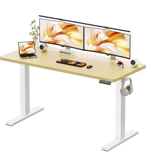140 x 60 cm Standing Desk, Electric Height Adjustable Desk with 2 Hooks