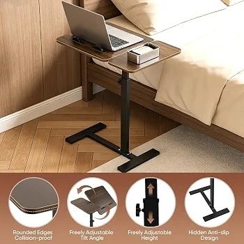 Overbed Bedside Table with Wheels, 60x40cm Split Tilting Tabletop, Height Adjustable Bedside Laptop Desk, Sofa Side Tray Table, Rolling C-Shaped Computer Stand for Bed Sofa Hospital Home, Walnut