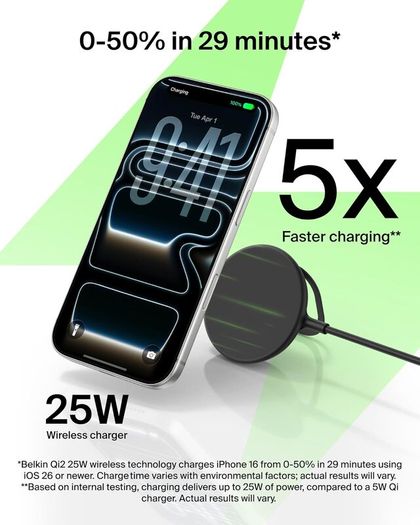 Belkin UltraCharge Magnetic Charger with Qi2 25W, Fast Wireless Charging Pad, MagSafe Compatible with Passive Cooling Technology, Kickstand for iPhone 17 Series, Pixelsnap, AirPods Pro - Black - Boxed Like New!