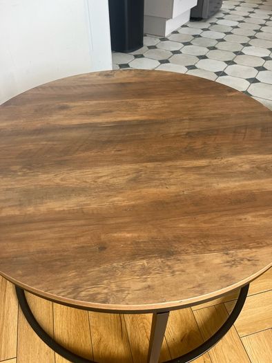 Modern Industrial Round Coffee Table Rustic Wood Finish & Black Steel Frame