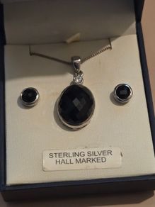 925 Sterling Silver Black Onyx Stone Necklace and Earrings