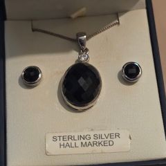 925 Sterling Silver Black Onyx Stone Necklace and Earrings