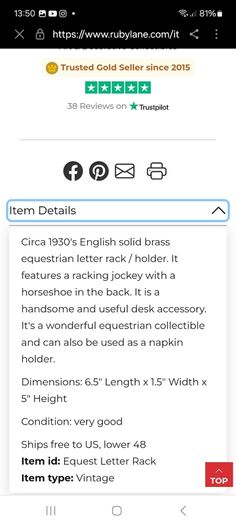 Vintage brass equestrian letter holder