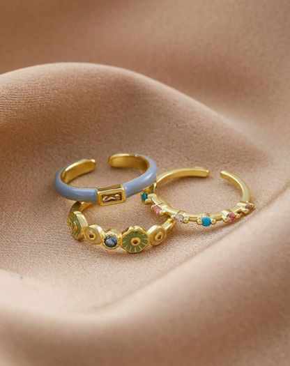 3pcs Colorful Enamel Flower & Rhinestone Ring Set